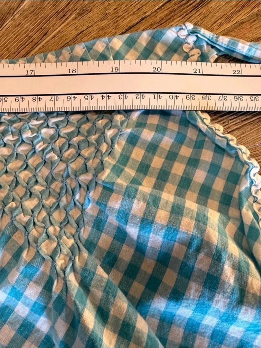 Vintage Blue Gingham Smocked Half Apron Tie Waist Pocket Cottagecore Prairie 50s